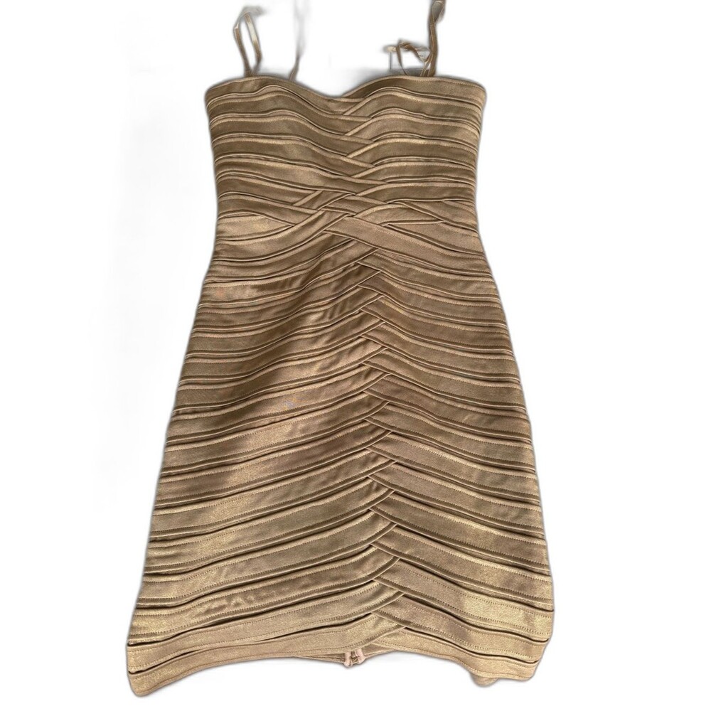 BCBGMaxAzria Metallic Gold Strapless Ruched Bodycon Dress - Picture 3 of 5